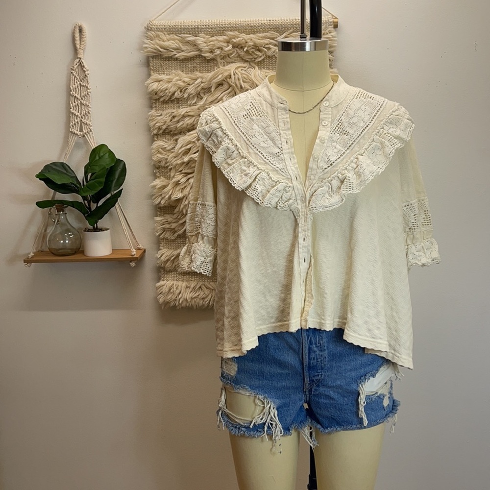 🅢🅐🅛🅔 Free People Walk In the Park Grey Blouse 👚 Ruffled Top Puff sleeve - Picture 9 of 11